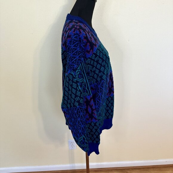 Vintage 1990s Womens Pullover Sweater Geometric Pattern Knit Purple Green XL - Picture 8 of 8